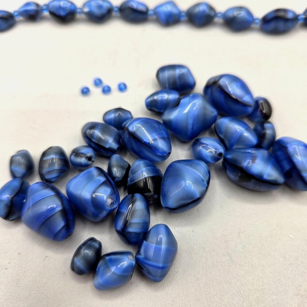 Czech Glass Blue Suede Shoes Twisted Rice Beads Broken Necklace NEEDS REPAIR